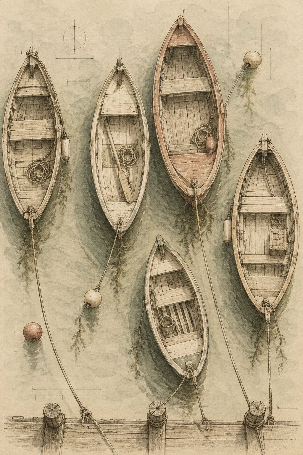 A row of small boats at rest, from above in stone, sand, cream, taupe; portrait artwork.