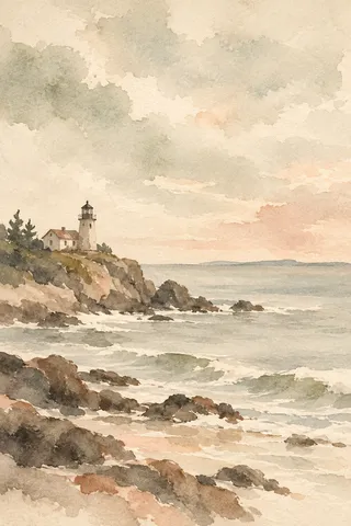 A lighthouse on a rocky point in cream, stone, taupe, sand; portrait artwork.