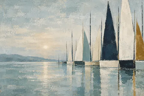 A row of sail masts in a harbor at dawn in stone, gray, cream, charcoal; landscape artwork.