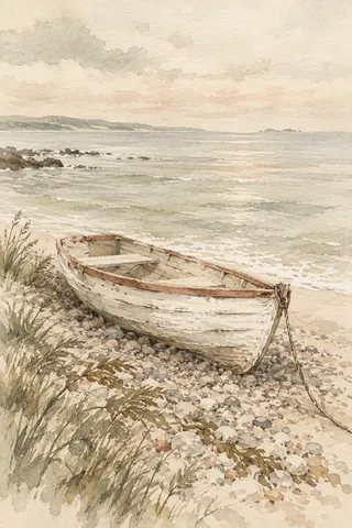 A wooden dinghy pulled up on shingle in cream, stone, sand, taupe; portrait artwork.