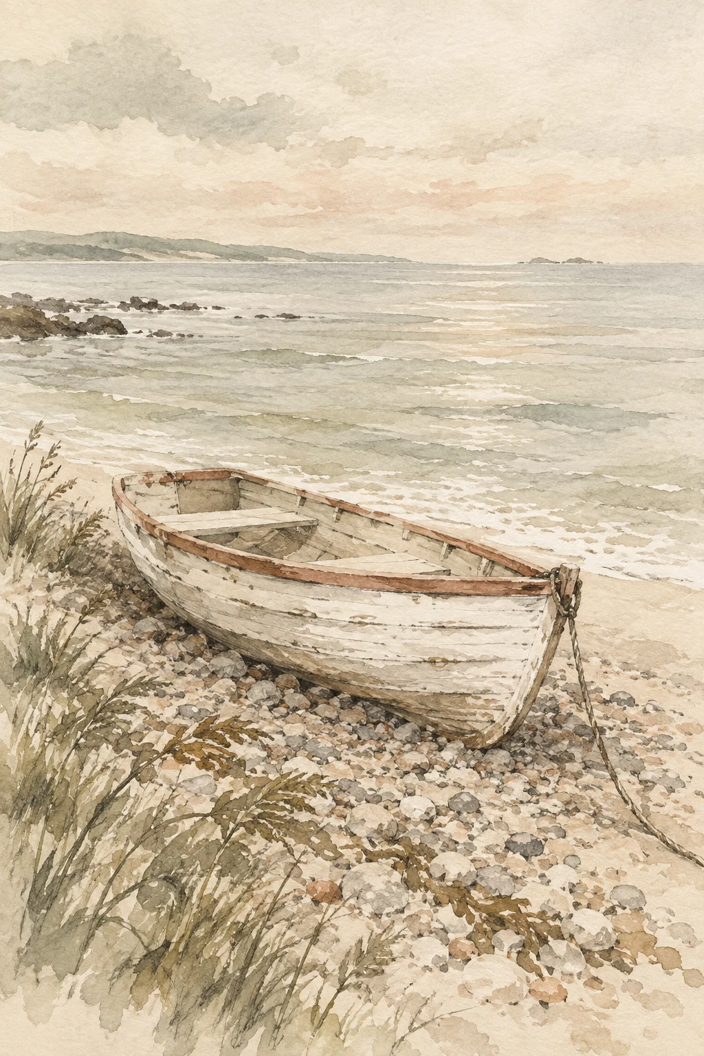 A wooden dinghy pulled up on shingle in cream, stone, sand, taupe; portrait artwork.