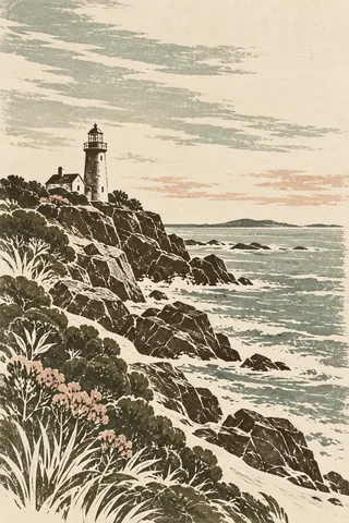 A lighthouse on a rocky point in cream, stone, brown, sage; portrait artwork.