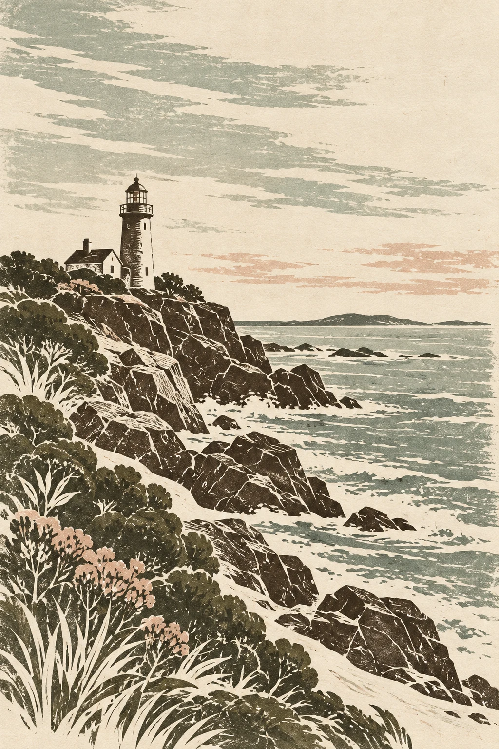 A lighthouse on a rocky point in cream, stone, brown, sage; portrait artwork.