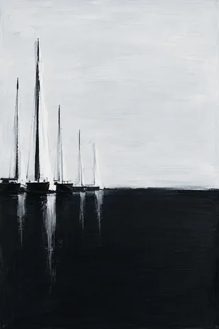 A row of sail masts in a harbor at dawn in cream, black; portrait artwork.