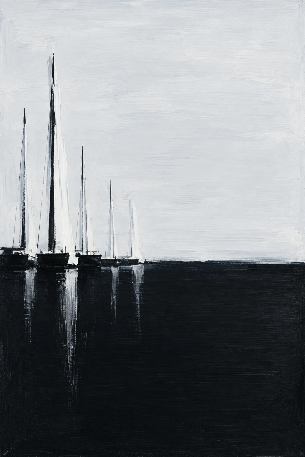 A row of sail masts in a harbor at dawn in cream, black; portrait artwork.