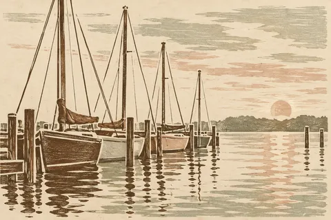 A row of sail masts in a harbor at dawn in cream, stone, sand, sage; landscape artwork.