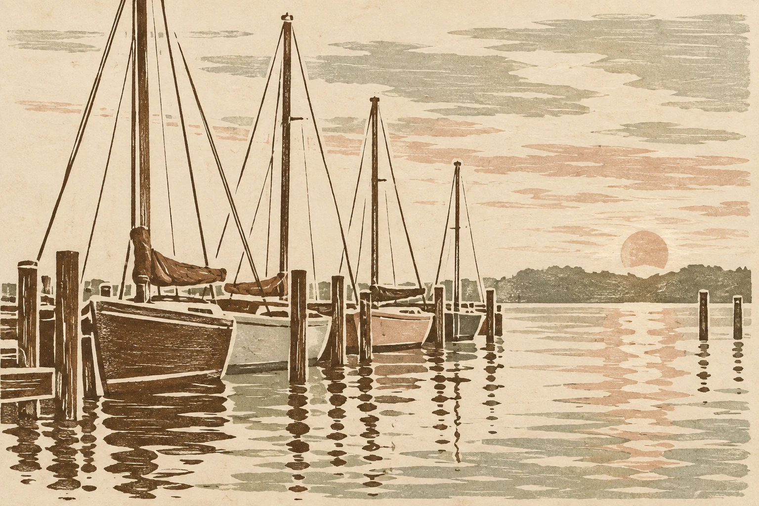 A row of sail masts in a harbor at dawn in cream, stone, sand, sage; landscape artwork.