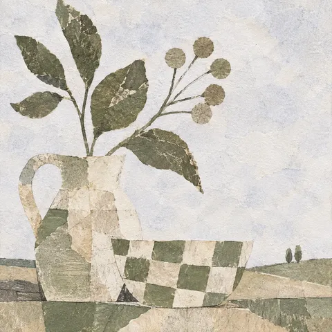 Irregular checks painted by hand in cream, taupe, stone, sage; square artwork.