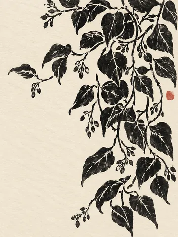 A trailing vine repeat in cream, black, gray, charcoal; portrait artwork.