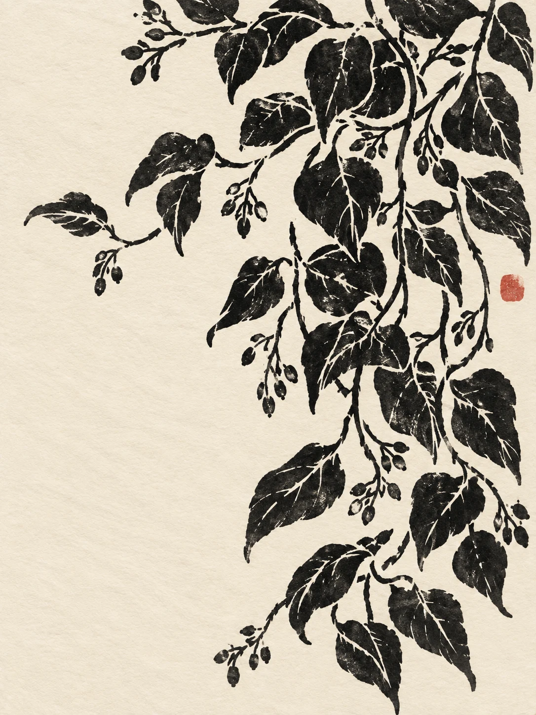 A trailing vine repeat in cream, black, gray, charcoal; portrait artwork.