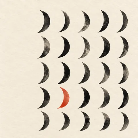 Rows of small crescents in white, taupe, cream; square artwork.