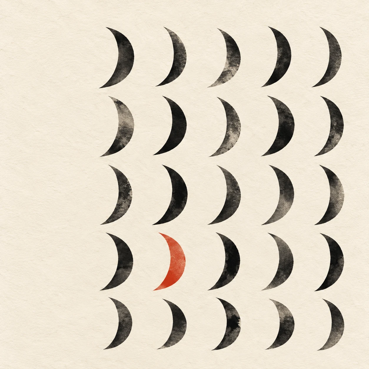Rows of small crescents in white, taupe, cream; square artwork.