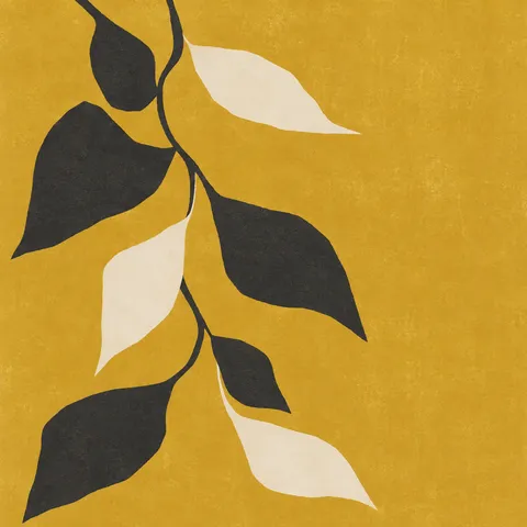 A trailing vine repeat in sand, ochre, charcoal; square artwork.