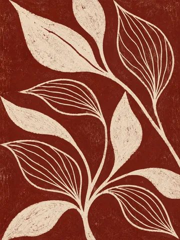 A hand-blocked repeat of small leaves, imperfect registration in burgundy, rust, cream, taupe; portrait artwork.