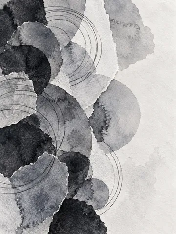 Concentric circles drawn freehand in cream, gray, black, stone; portrait artwork.