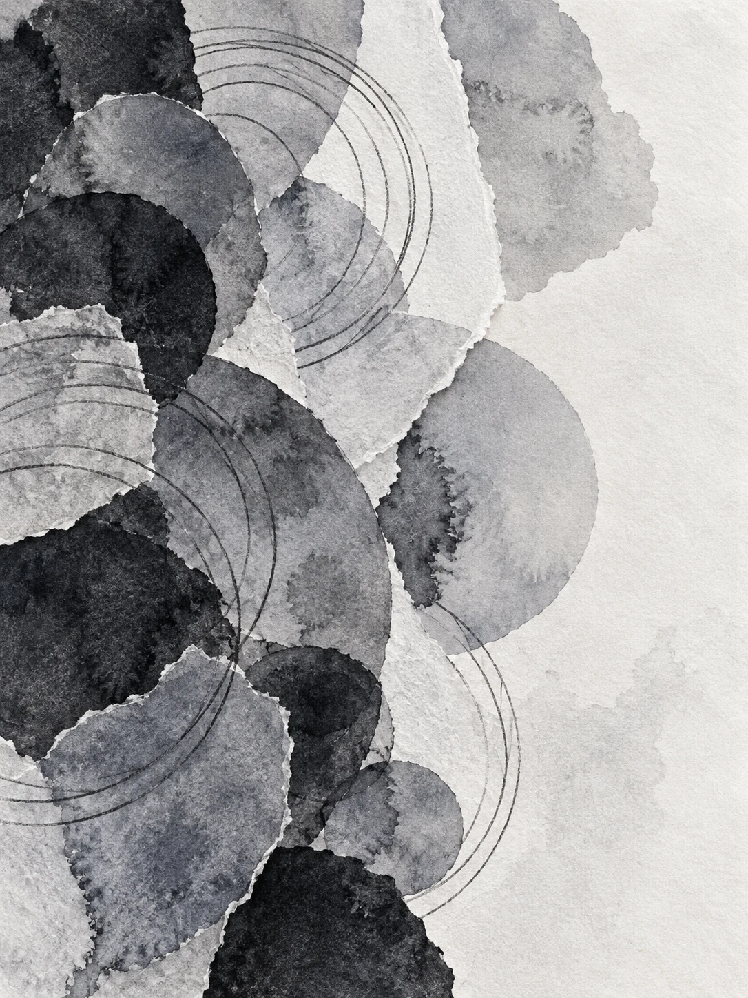 Concentric circles drawn freehand in cream, gray, black, stone; portrait artwork.