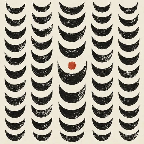 Rows of small crescents in white, black, cream, charcoal; square artwork.