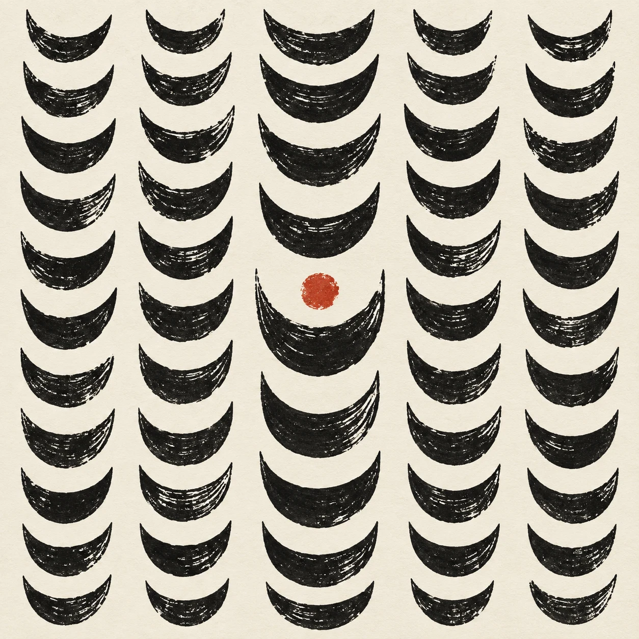 Rows of small crescents in white, black, cream, charcoal; square artwork.