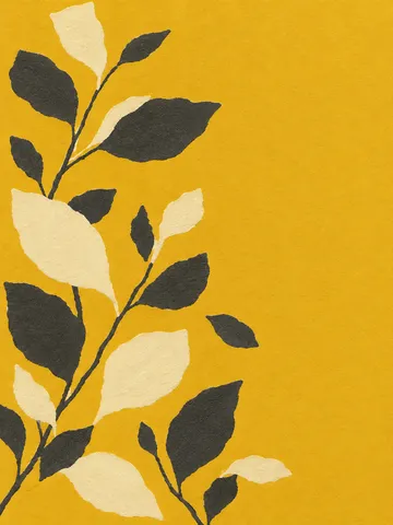A repeat of small hand-drawn leaves in yellow, charcoal, ochre; portrait artwork.