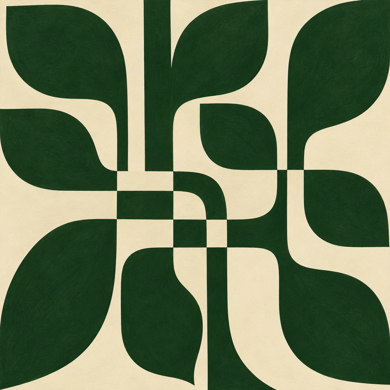 Crossed stems in a loose grid in forest green, cream, stone; square artwork.