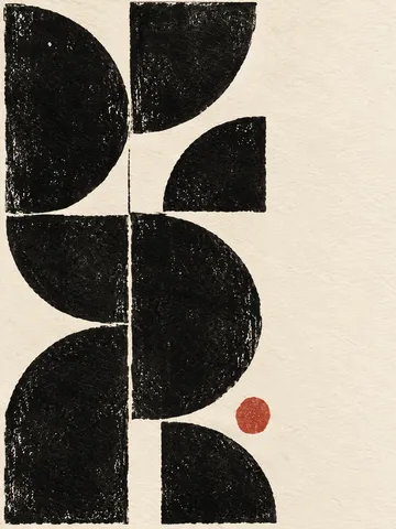 A tile pattern of quarter circles in cream, black, charcoal, stone; portrait artwork.