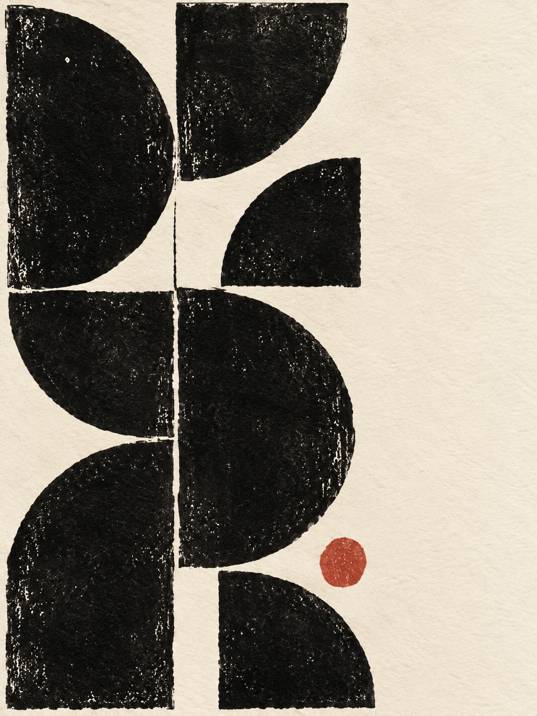 A tile pattern of quarter circles in cream, black, charcoal, stone; portrait artwork.