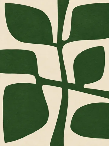 Crossed stems in a loose grid in forest green, cream, stone, green; portrait artwork.