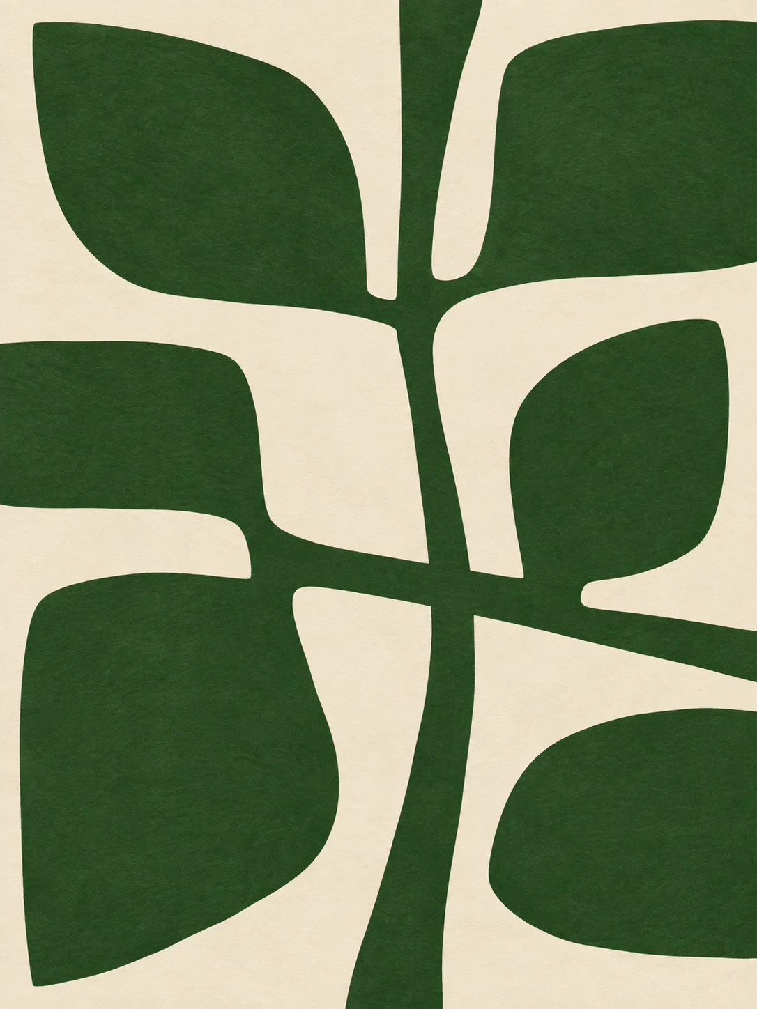Crossed stems in a loose grid in forest green, cream, stone, green; portrait artwork.