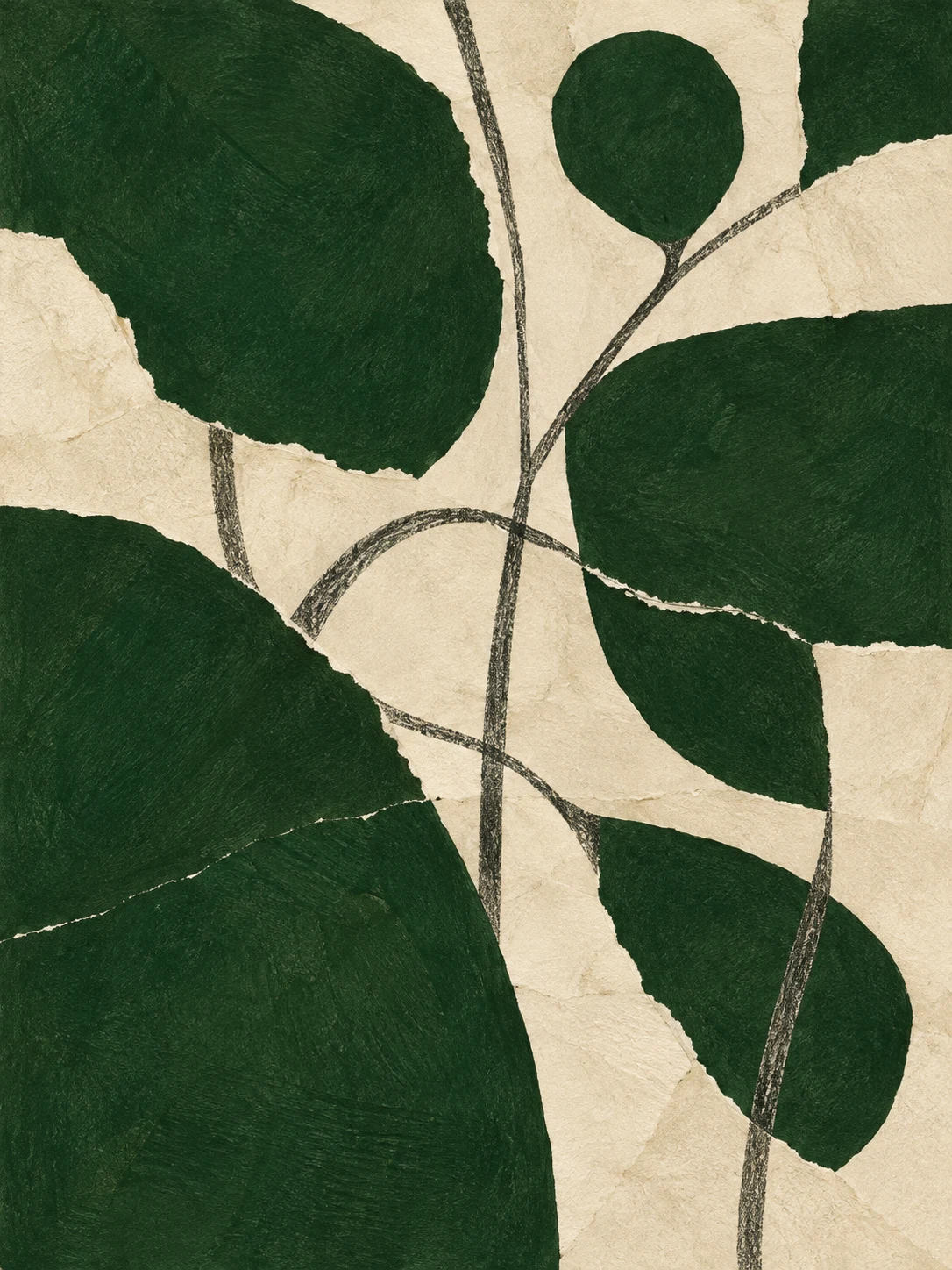 Crossed stems in a loose grid in forest green, cream, taupe; portrait artwork.