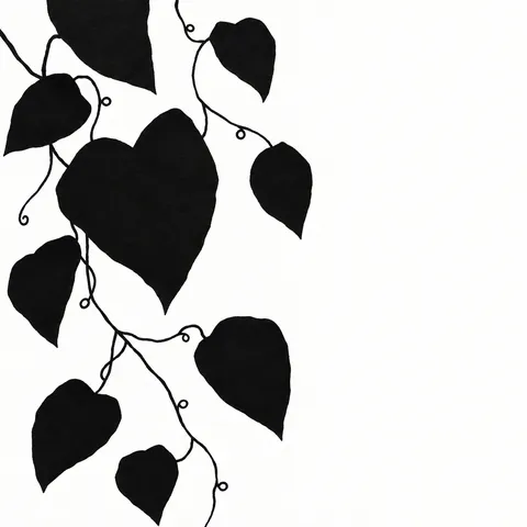 A repeat of small hand-drawn leaves in white, black, gray; square artwork.