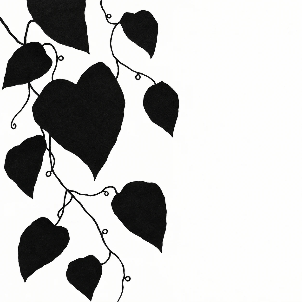 A repeat of small hand-drawn leaves in white, black, gray; square artwork.