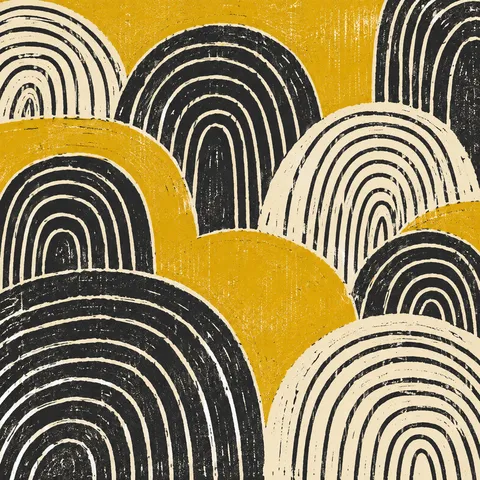 A repeat of tiny arches in charcoal, yellow, sand, cream; square artwork.