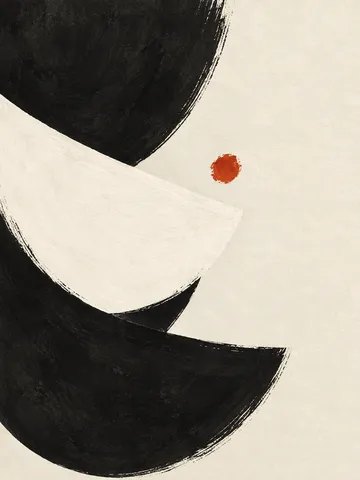 Overlapping arcs like fish scales in cream, black, white; portrait artwork.
