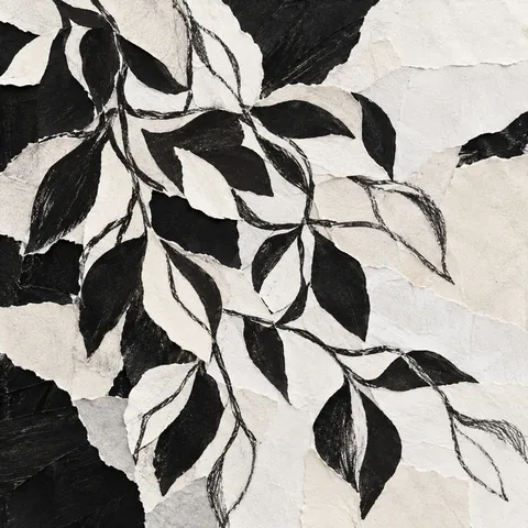 A trailing vine repeat in cream, black, white, stone; square artwork.