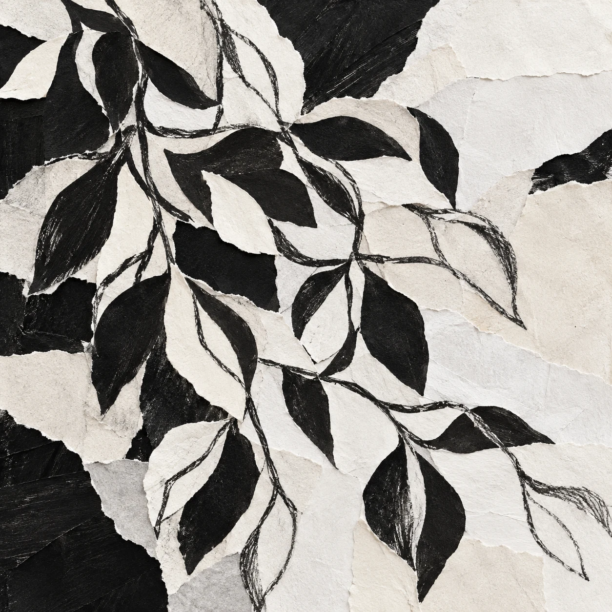 A trailing vine repeat in cream, black, white, stone; square artwork.