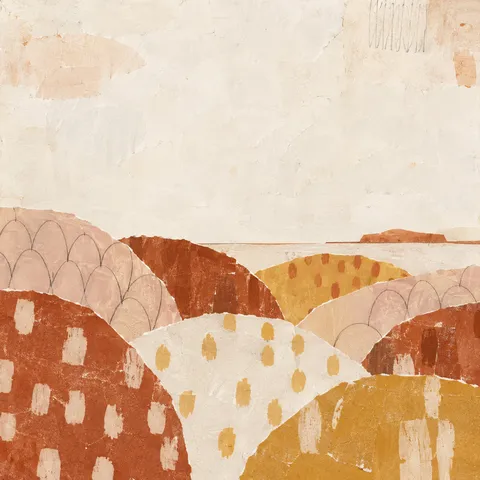 Overlapping scallops in cream, terracotta, sand, ochre; square artwork.