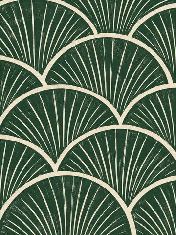 Overlapping scallops in forest green, green, taupe, olive; portrait artwork.