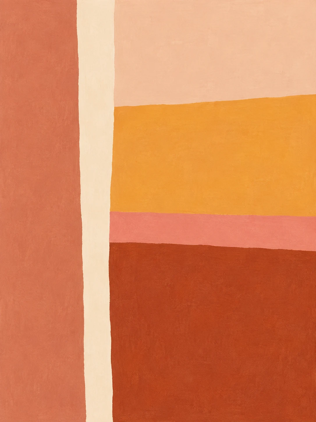 A stripe study with uneven hand-painted edges in orange, red, stone, cream; portrait artwork.