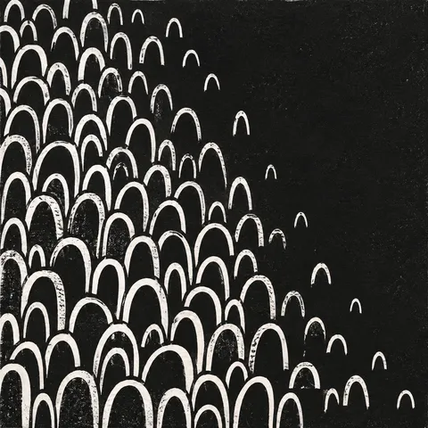 A repeat of tiny arches in black, gray, stone, charcoal; square artwork.
