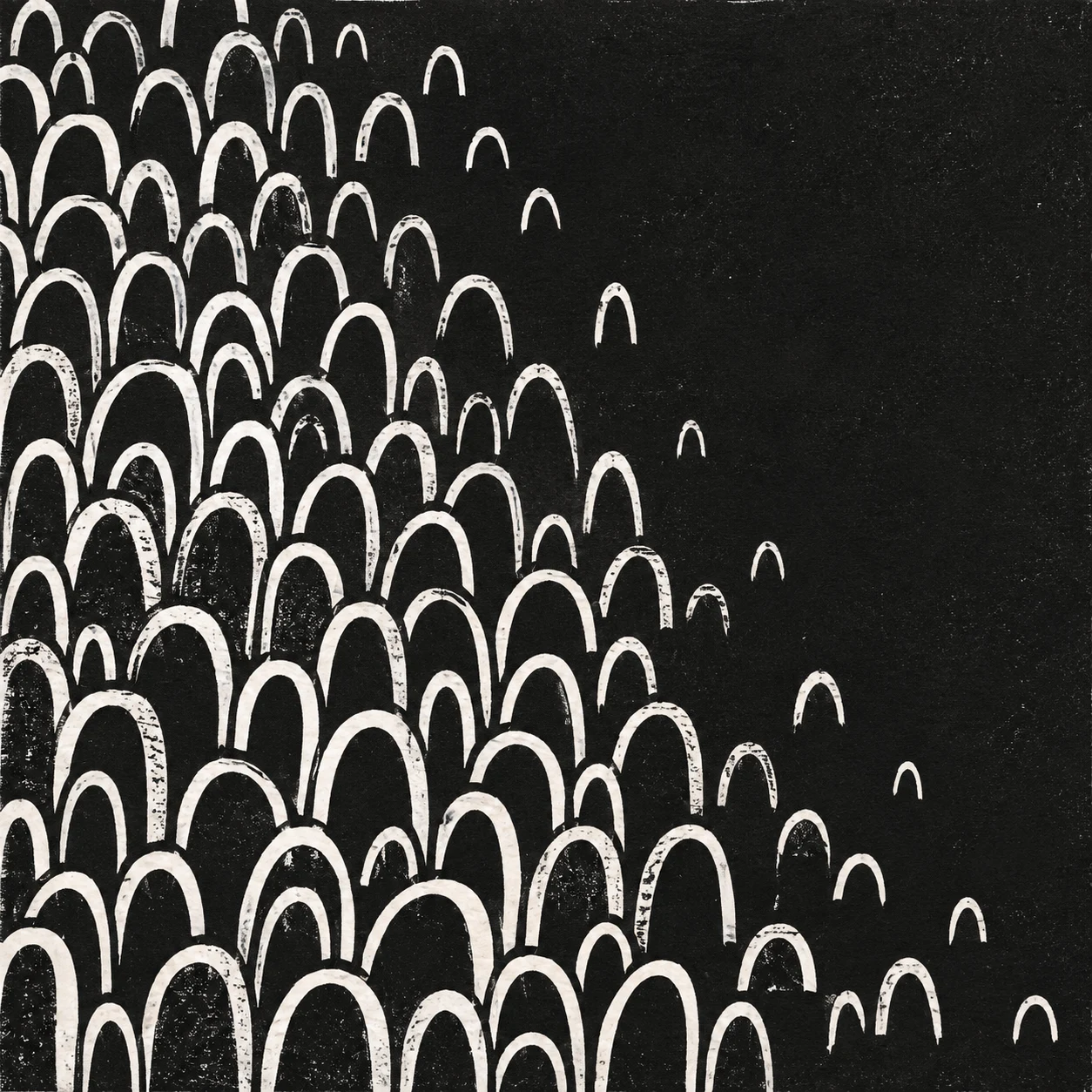 A repeat of tiny arches in black, gray, stone, charcoal; square artwork.