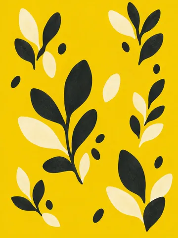 A repeat of small hand-drawn leaves in yellow, black, olive; portrait artwork.