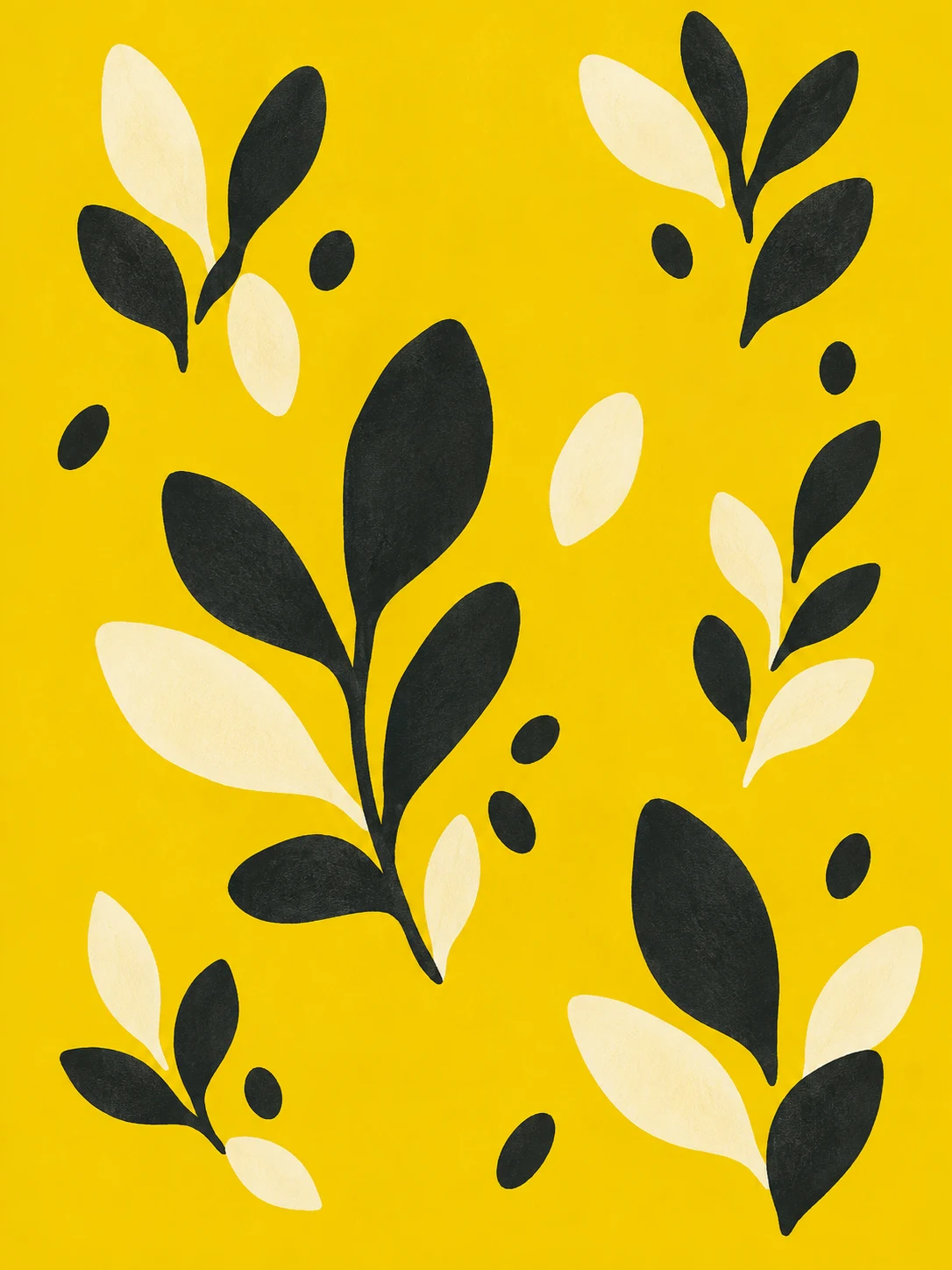 A repeat of small hand-drawn leaves in yellow, black, olive; portrait artwork.