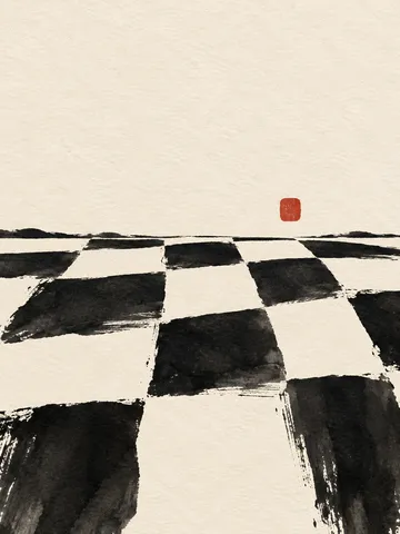 Irregular checks painted by hand in cream, black, white, charcoal; portrait artwork.