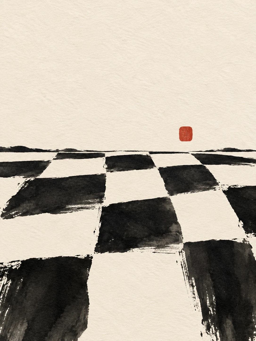 Irregular checks painted by hand in cream, black, white, charcoal; portrait artwork.