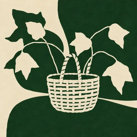 A woven basket texture drawn in line in forest green, cream, olive; square artwork.