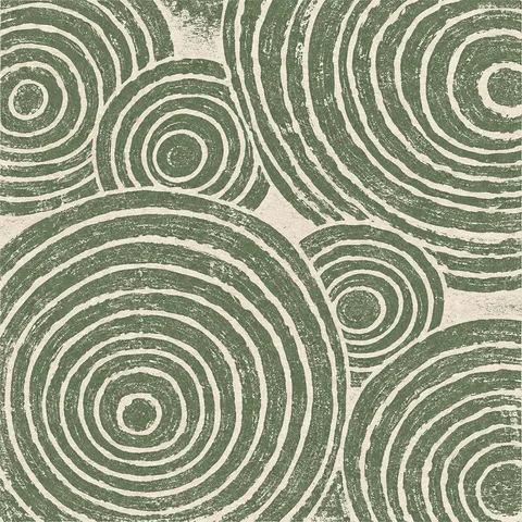 Concentric circles drawn freehand in stone, sage, olive, taupe; square artwork.
