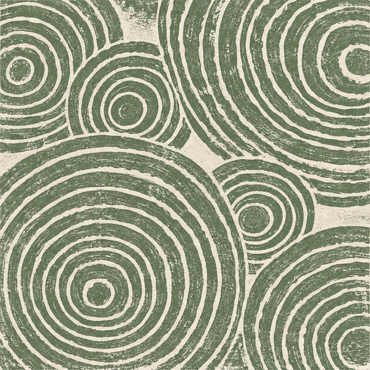 Concentric circles drawn freehand in stone, sage, olive, taupe; square artwork.