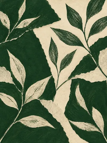 A repeat of small hand-drawn leaves in forest green, cream, olive, sand; portrait artwork.