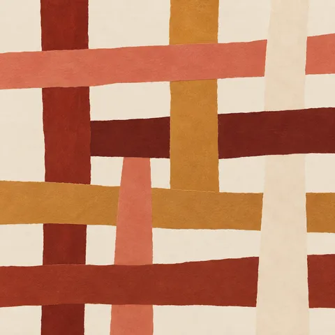 Crossed stems in a loose grid in cream, rust, ochre, terracotta; square artwork.
