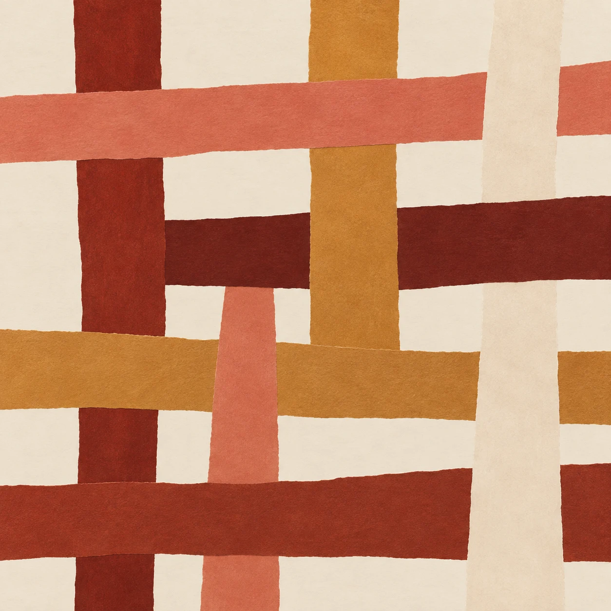 Crossed stems in a loose grid in cream, rust, ochre, terracotta; square artwork.